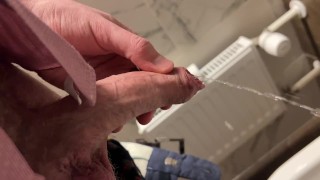 Hairy guy in suit pissing and jerking off at office toilet and cum into restroom’s sink