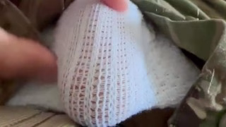 army solider jerks off in shorts and while wearing a jock strap under his military uniform