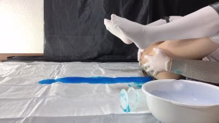 Massive spray of blue enema solution