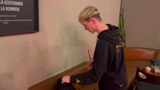 Two guys fuck and kiss in a public toilet in a cafe